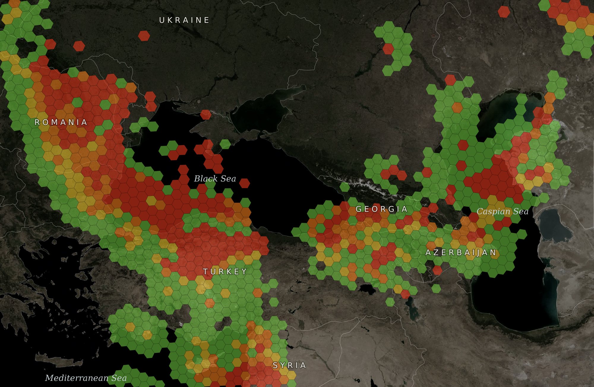 Satellite view of the Black Sea region with GPS interference cells in green, yellow, and red along the coasts of Ukraine, Turkey, and the Caucasus